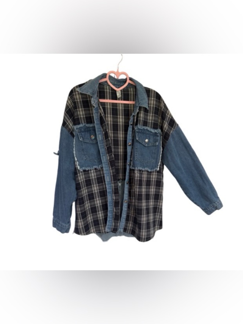 Tempo Paris Black Plaid Shirt with Denim Sleeves